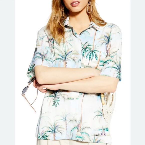 Top Shop Women’s Tropical Print Button Down Top Size 8 Vacay Palm Trees Collar - Picture 1 of 7